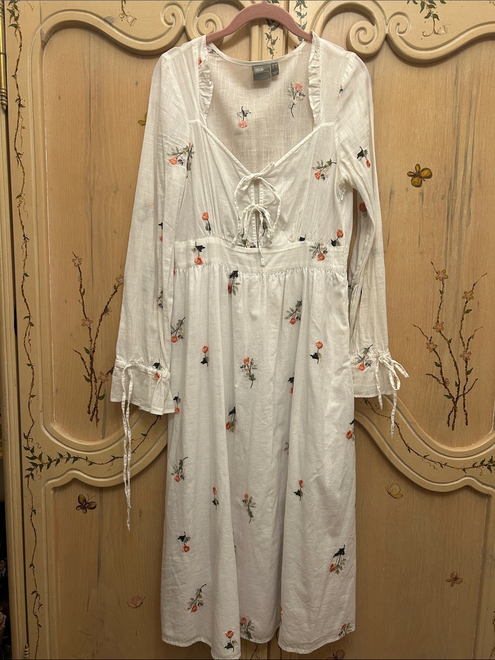 ASOS White Cotton Long-Sleeve Tie-Front Midi Dress with Pink Embroidered Flowers